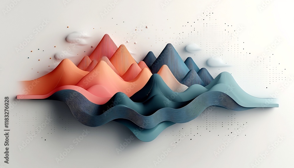 Poster pastel mountains with captivating wave like overlay of dotted and linear elements abstract pastel ba