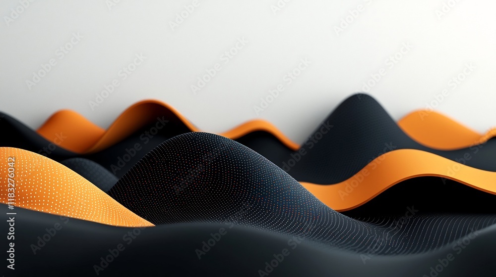 Poster surreal and minimalist 3d rendered landscape with undulating pastel colored waves and dots creating 