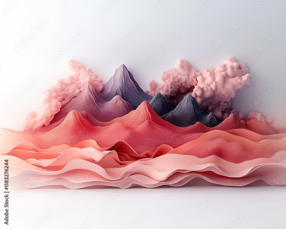 Poster ethereal pastel landscape with abstract textural mountain forms floating against a soft brushed back
