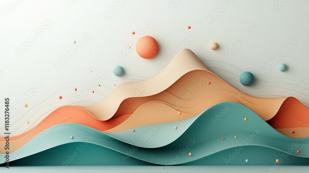 Poster pastel abstract mountainous waves on white digital backdrop with textural dots and lines 3d rendered