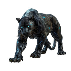 A majestic black panther with glowing blue eyes, rendered in a realistic and stylized art style.