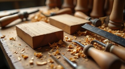 Woodworking Tools and Wooden Blocks on a Workbench with Shavings
