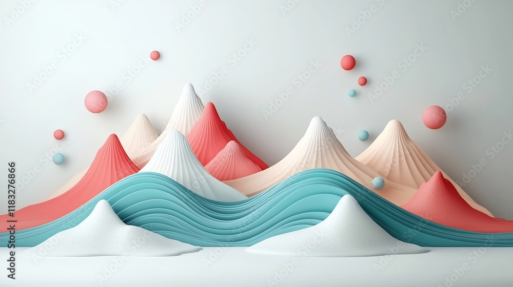 Poster abstract pastel colored background with a geometric mountain landscape and a fluid wave like pattern