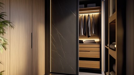 Modern built-in wardrobe, sliding doors, wood and black panels, organized interior, clean design, ambient lighting, minimalist bedroom storage, contemporary closet system, sleek furniture, neutral col