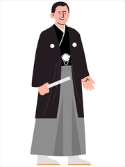 Black Montsuki Sendaihira Haori Hakama Japanese traditional dress uniform Japan tradition attire cultural heritage clothes Sensu fan colorful design