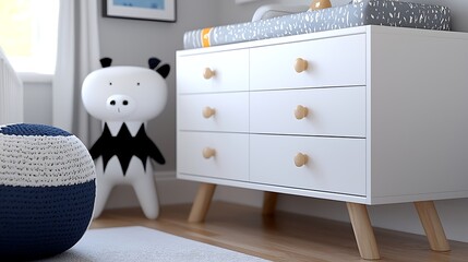 White dresser with wooden legs in a nursery, featuring a crocheted ball and a toy animal.