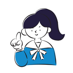Loose cute hand-drawn illustration of a girl in uniform holding up her index finger.