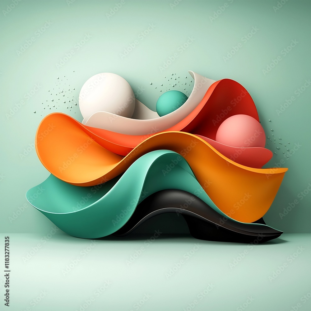 Poster pastel hued abstract composition featuring geometric shapes and curving pastel lines in a minimalist