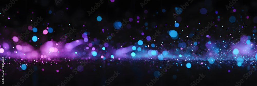 Poster blurred blue and violet sparks from neon lights in front of black backgound. 3d rendering