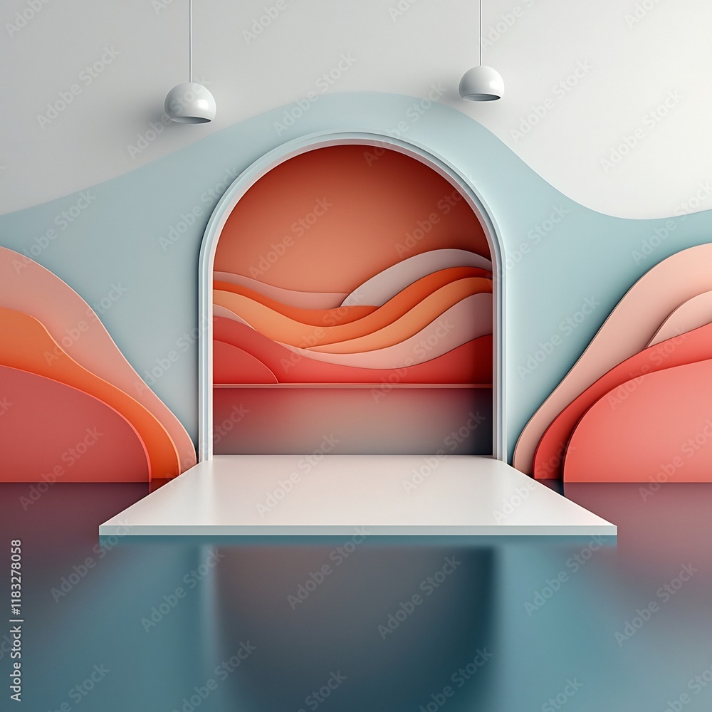 Poster serene and tranquil pastel colored landscape with calm waters and dynamic patterns featuring a minim