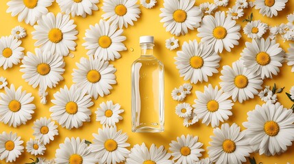 Clear bottle surrounded by daisies on yellow.
