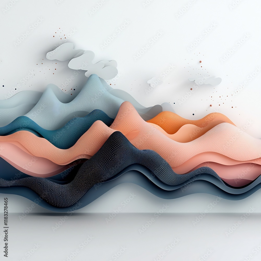 Poster a stunning abstract 3d cgi landscape featuring a pastel mountain range with a mesmerizing flow of ge
