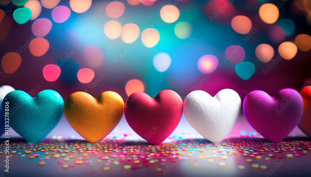 Poster colorful hearts arranged in a row, surrounded by sparkling bokeh lights, creating a festive and roma