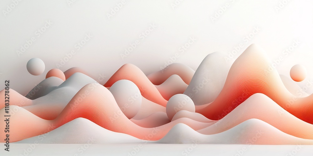 Poster undulating pastel dot and line formations stretch across a mountainous terrain in this abstract 3d r