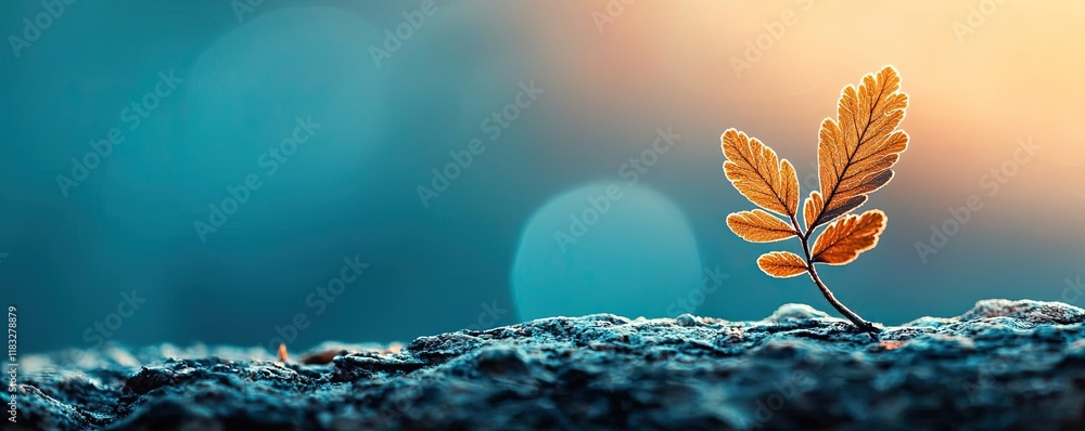 Poster Scenery abstract background idea. A single leaf emerging from a rock against a blurred background in soft lighting.