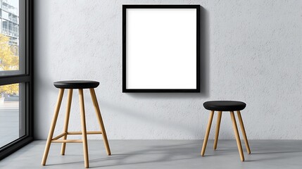 Modern minimalist interior with blank frame, two wooden stools, and large window.