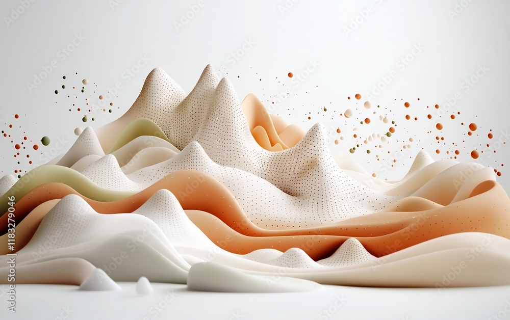 Poster mesmerizing abstract digital landscape featuring cascading pastel waves of dots and lines across sty