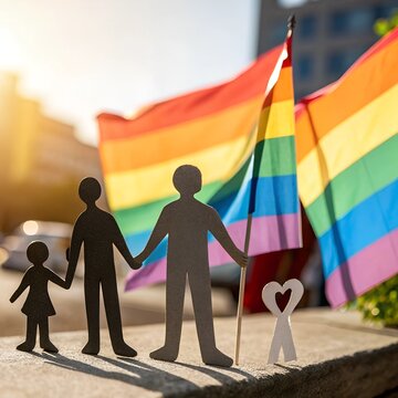 Happy gay couple with child. Rainbow LGBT flags, paper people chain. Family, adoption and equality concept. Stock Photo photography