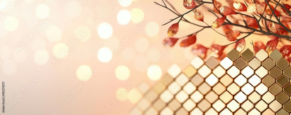 Poster gold abstract background concept. beautiful autumn leaves with golden bokeh background for stylish d