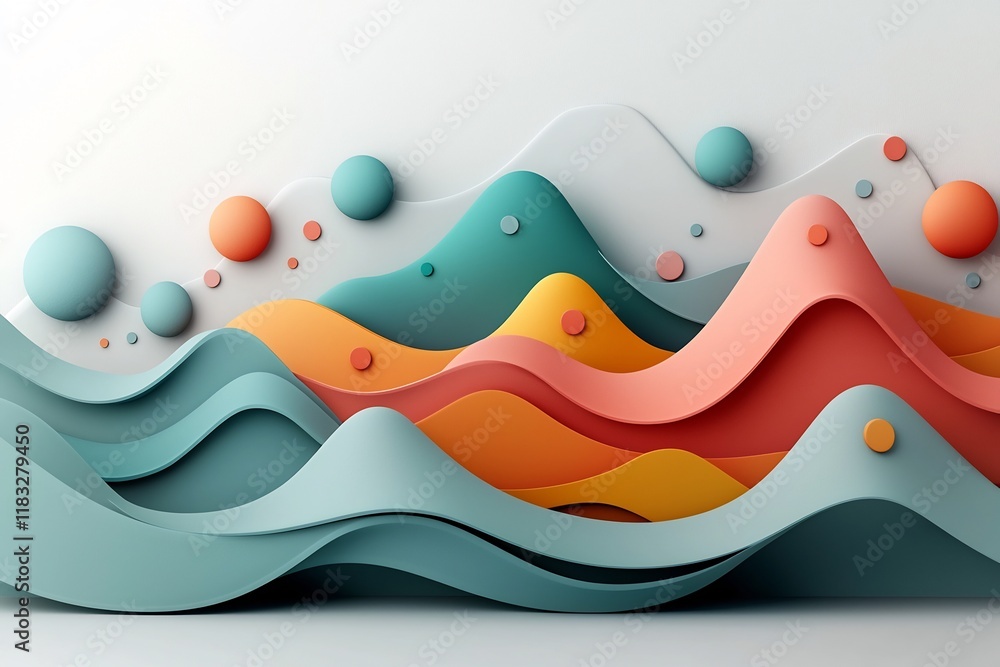 Poster moody abstract scene featuring a pattern of pastel dots and sinuous lines that evoke a mountainous l