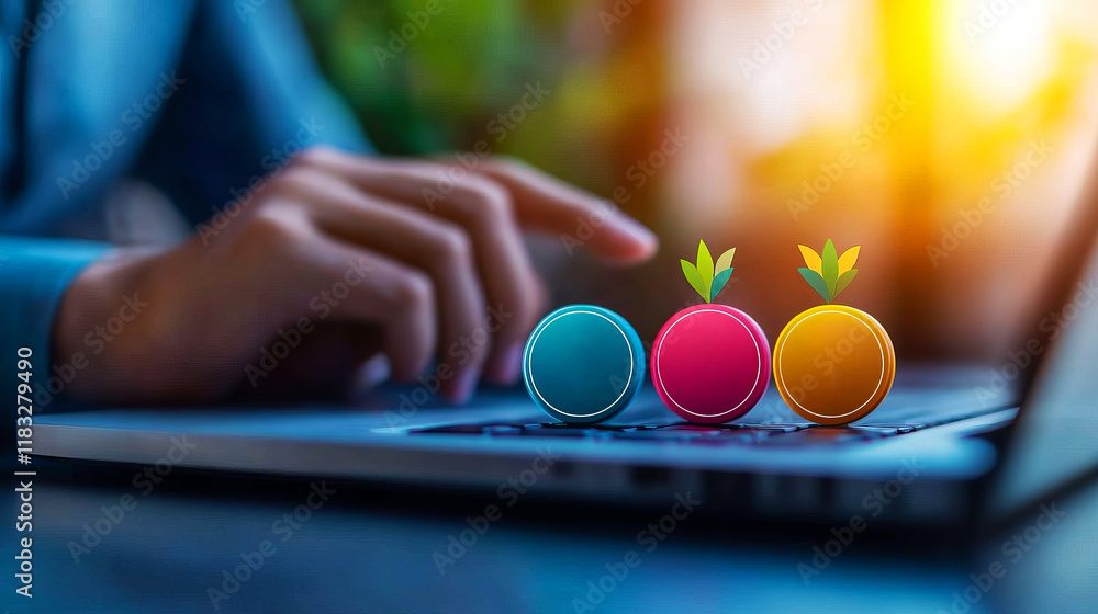 Poster colorful icons representing growth and development on a laptop keyboard in a modern workspace