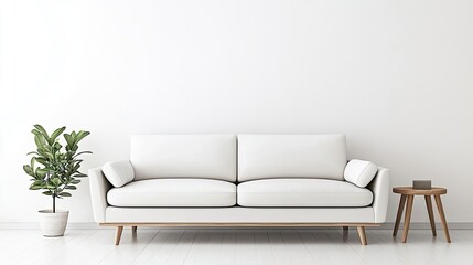 Fototapeta premium Minimal furniture idea. Modern white sofa in minimalist living room with a decorative plant and wooden table.