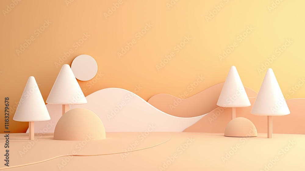 Poster Scenery abstract background idea. Minimalistic landscape design featuring abstract trees and hills in soft colors.