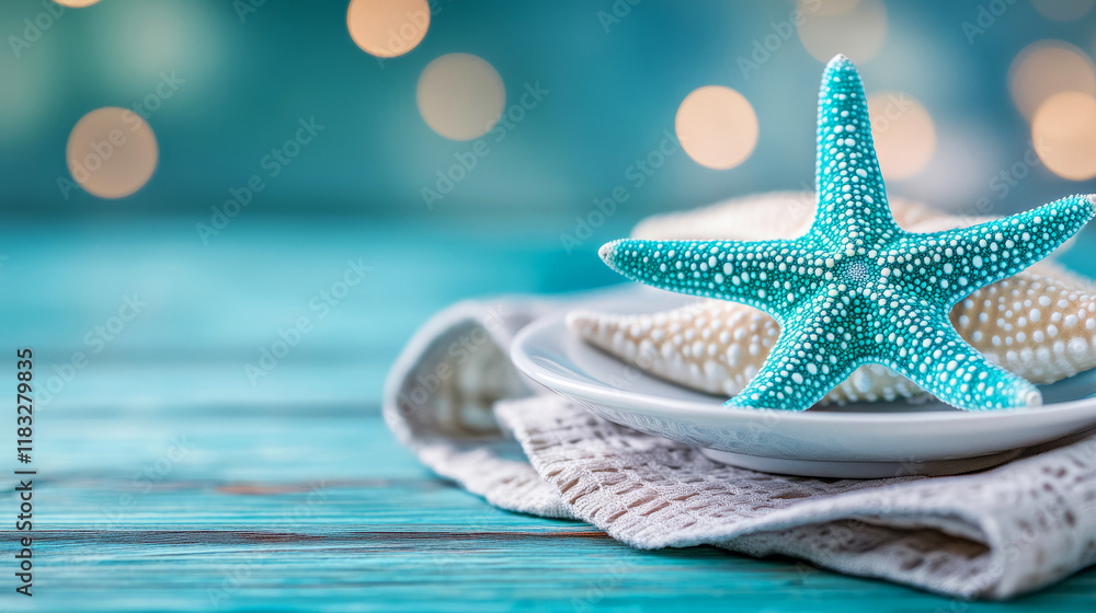 Poster colorful starfish on plate with soft textile and bokeh background in coastal setting