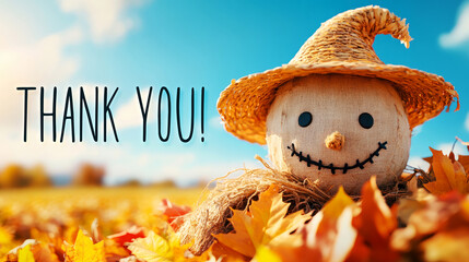 Cheerful Scarecrow Surrounded by Colorful Autumn Leaves with Thank You Message in Background