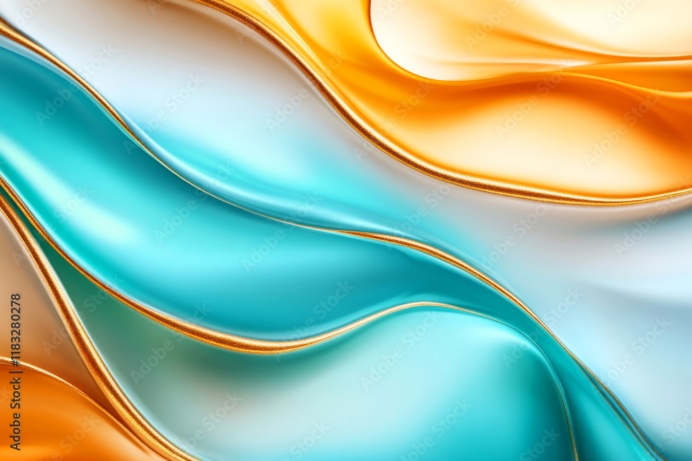 Poster colorful flowing abstract waves in turquoise and orange background for design and art projects