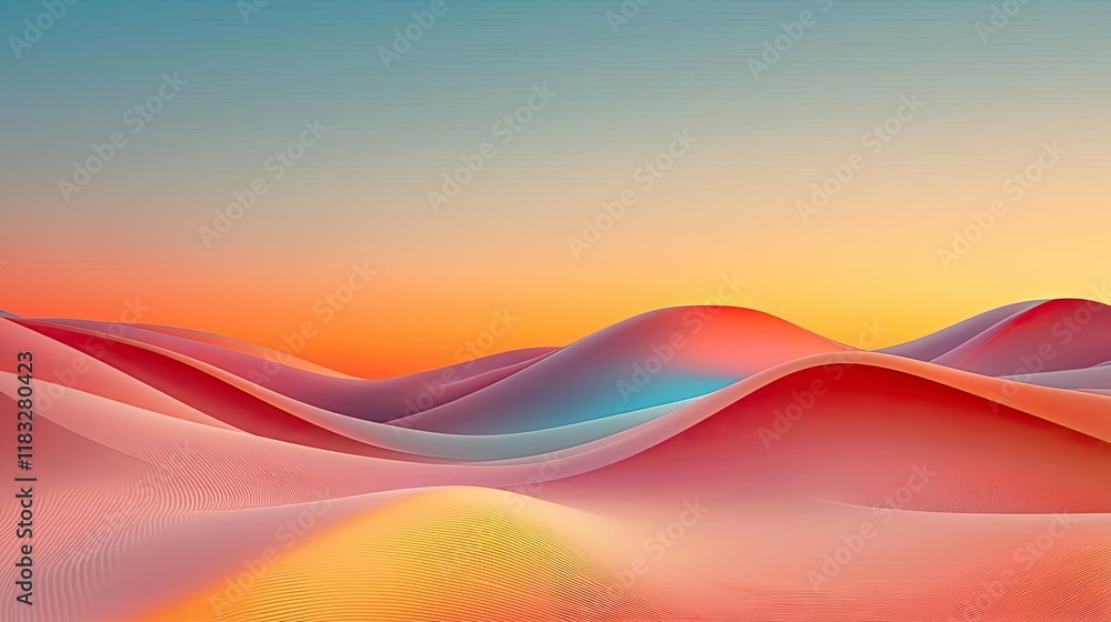 Poster Scenery abstract background idea. Vibrant abstract landscape with rolling hills in soft pastel colors during sunset.