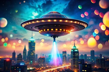 Mysterious Night: UFO Sightings Over Cityscape with Bokeh Lights