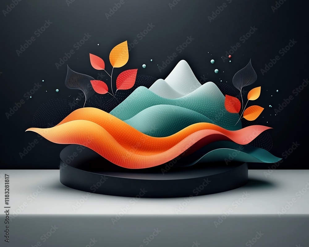 Poster mesmerizing abstract scene featuring a dark background and a wave like design composed of pastel ton