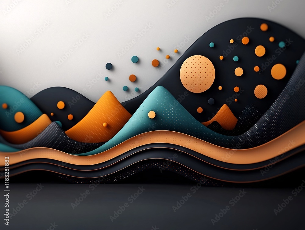 Poster serene abstract digital artwork featuring a dark background with pastel colored dots and flowing lin