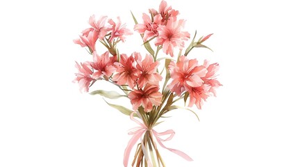 A soft watercolor illustration of a bouquet of pink and red flowers tied with a romantic ribbon, isolated on a plain white background. 8k UHD, suitable for high-quality printing or digital display. 