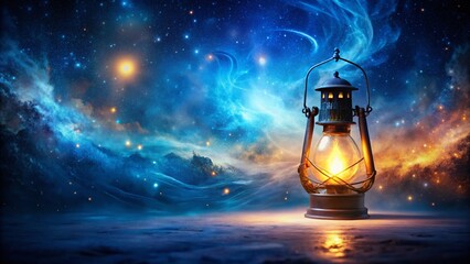 Mystical Blue Lantern: Double Exposure Antique Glowing Light Stock Photo
