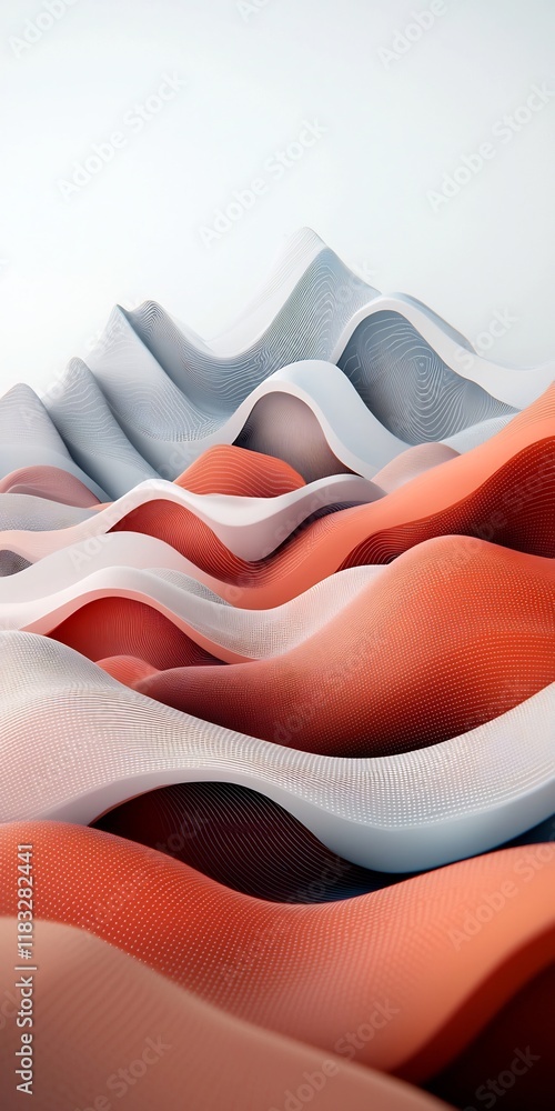 Poster pastel waves of abstract dots and lines cascading across a mountainous vista with a bright white fla