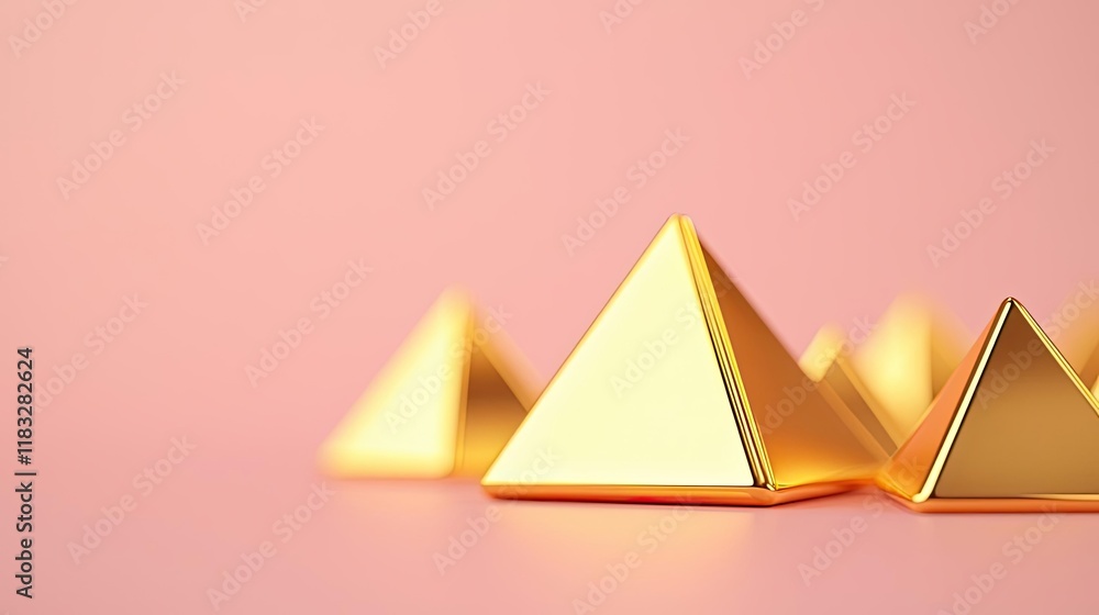 Poster Gold abstract background concept. Shiny golden pyramids arranged on a soft pink background.