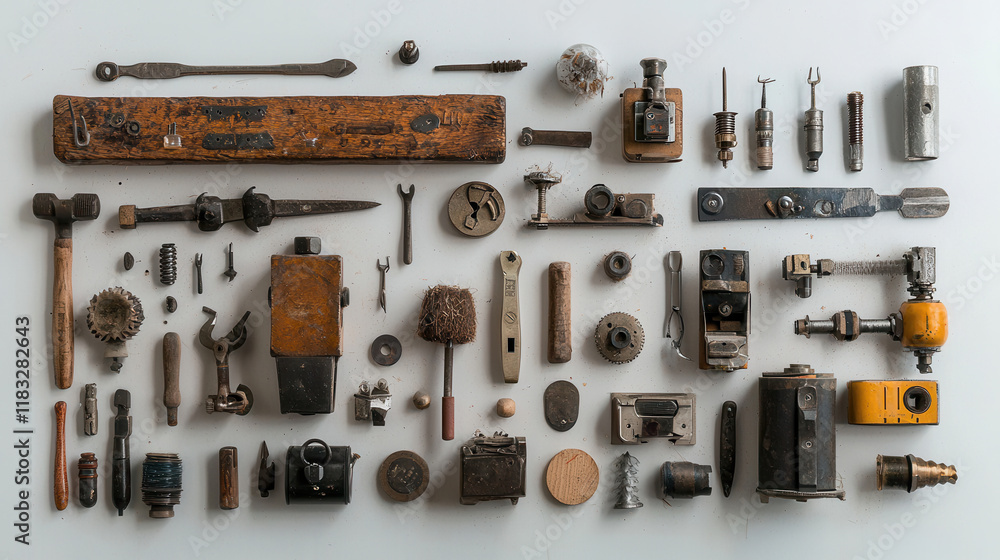 Poster collection of essential hand tools neatly arranged on surface, showcasing various types and material