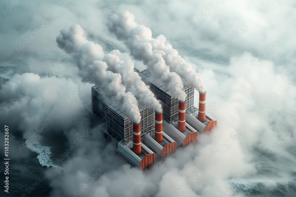 Poster aerial view of an imposing offshore geothermal power plant featuring an angular metallic architectur