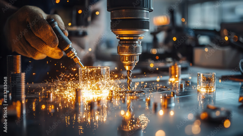 Poster craftsman using drill to create sparks while working on metal. scene captures intensity and focus of