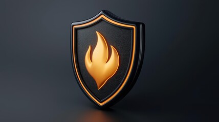 Stylish shield logo design featuring a flame symbol on a dark background.