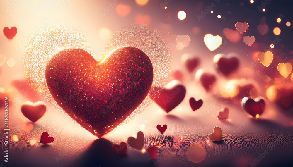 Aufkleber a shimmering heart surrounded by smaller hearts and soft bokeh lights, creating a romantic and dream