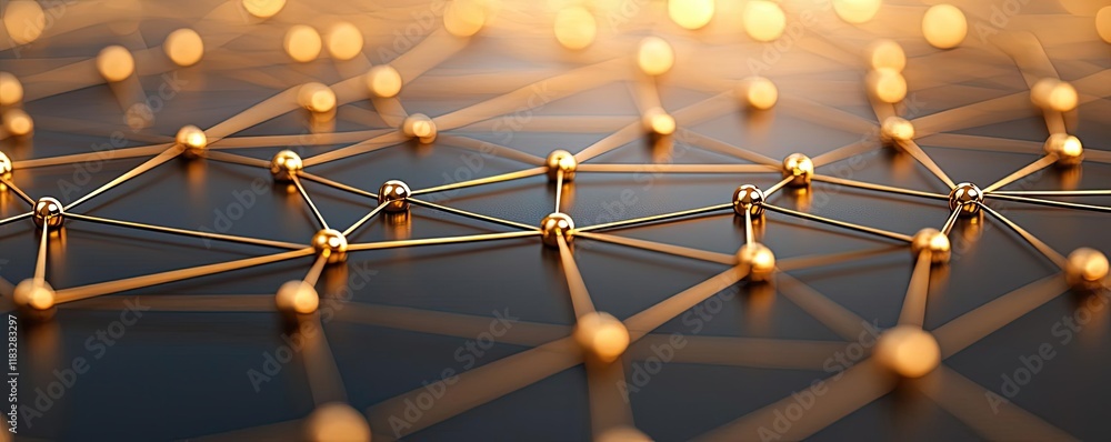 Poster Gold abstract background concept. Abstract network structure with glowing connections and nodes on dark background.