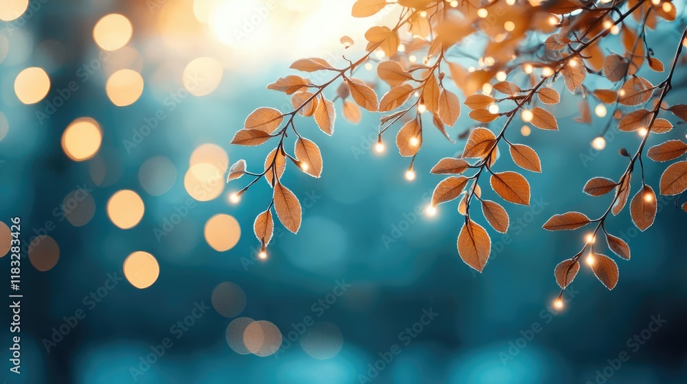 Poster Scenery abstract background idea. Golden leaves shimmering with soft glowing lights in a serene bokeh background.