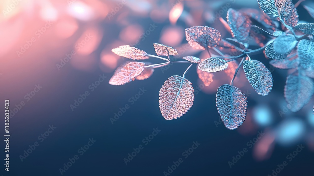 Poster Scenery abstract background idea. Close-up of shimmering leaves creating a vibrant, ethereal atmosphere in soft light.