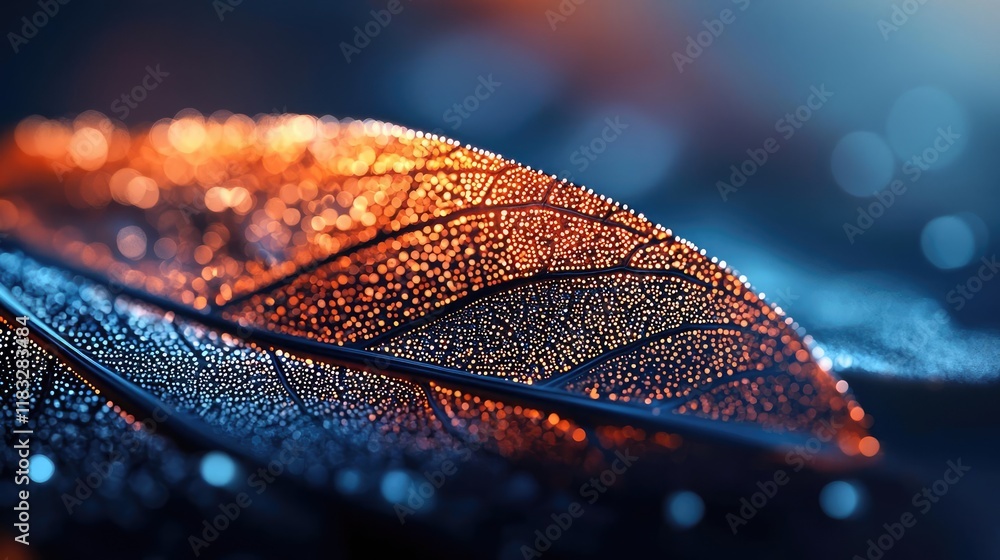 Poster Scenery abstract background idea. A close-up view of a colorful leaf with droplets reflecting light beautifully.