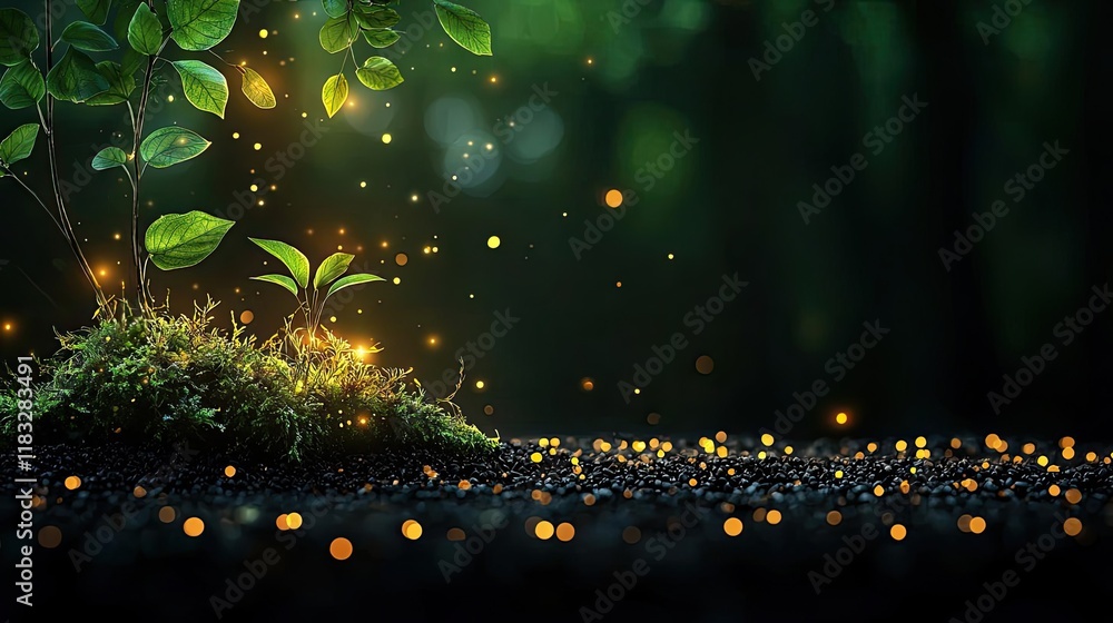 Poster scenery abstract background idea. a vibrant scene of new plant growth illuminated by soft glowing li