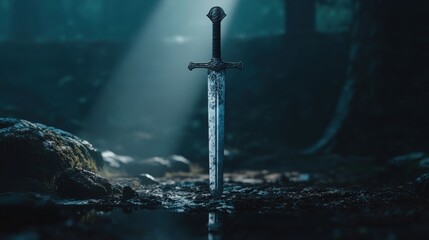 Naklejka premium Medieval knife stuck on the ground