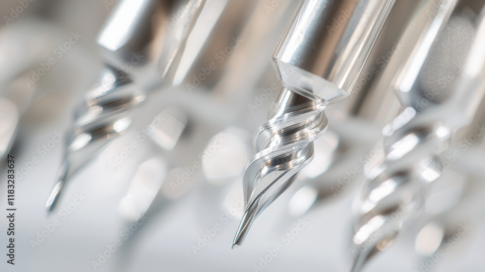 Poster high quality drill bits arranged in fan shape, showcasing precision and craftsmanship. ideal for var